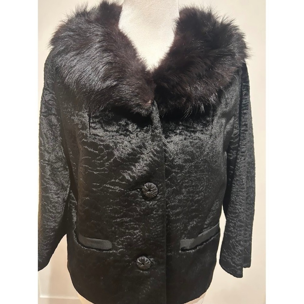 Vintage 1940/1950's Women's Black Velvet Fur Collar Crop Jacket 3/4 Sleeve Sz‎ M